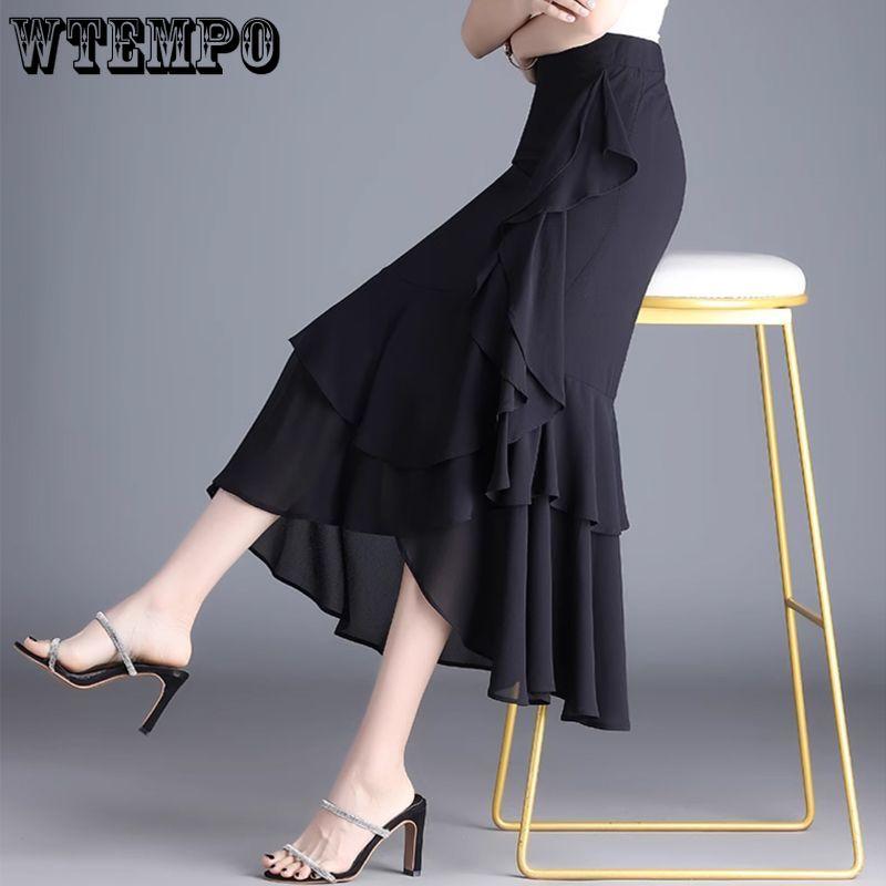 Женская шифоновая юбка средней длины, юбка-рыбий хвост, летняя, средней длины, с завышенной талией и кантом в виде листьев лотоса