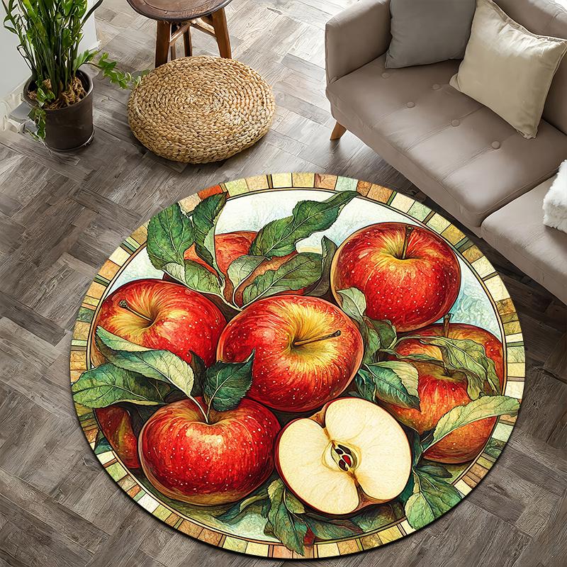 Painted Red Apple Theme Flannel-printed round floor mats are slip-resistant Suitable living room bedroom terrace garden carpets
