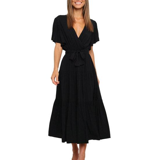 Женское летнее платье миди с v-образным вырезом и короткими рукавами, пояс с высокой талией и рюшами, однотонное платье трапециевидной формы, уличная одежда