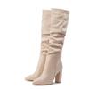 High-quality Leather/suede Pleated Knee-High Boots for Womens Sexy Pointed Toe 10CM Chunky Heels Knight Boots Winter New