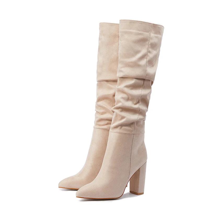 High-quality Leather/suede Pleated Knee-High Boots for Womens Sexy Pointed Toe 10CM Chunky Heels Knight Boots Winter New