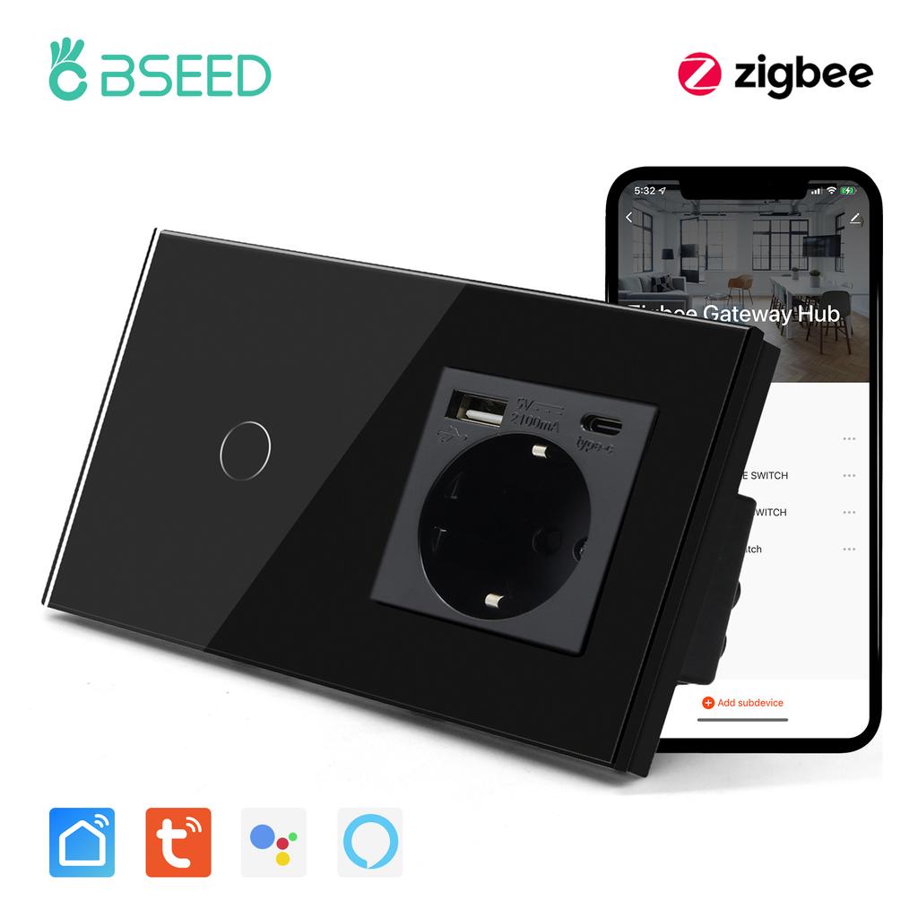 BSEED Zigbee настенные сенсорные выключатели 1/2/3 клавиши с обычной EU розеткой и портами USB Type-C, управление через приложение Tuya Smart Life, стеклянная панель