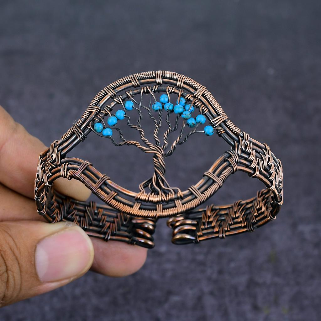 Arizona Turquoise Gemstone Handmade Copper Wire Wrap Cuff Bangle Adjustable u6R81