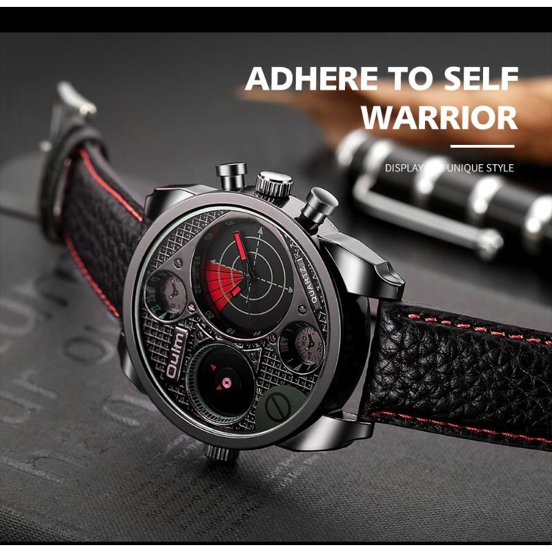 Oulm Мужские кварцевые часы с большим циферблатом, мужские часы из натуральной кожи с двумя часовыми поясами, новые