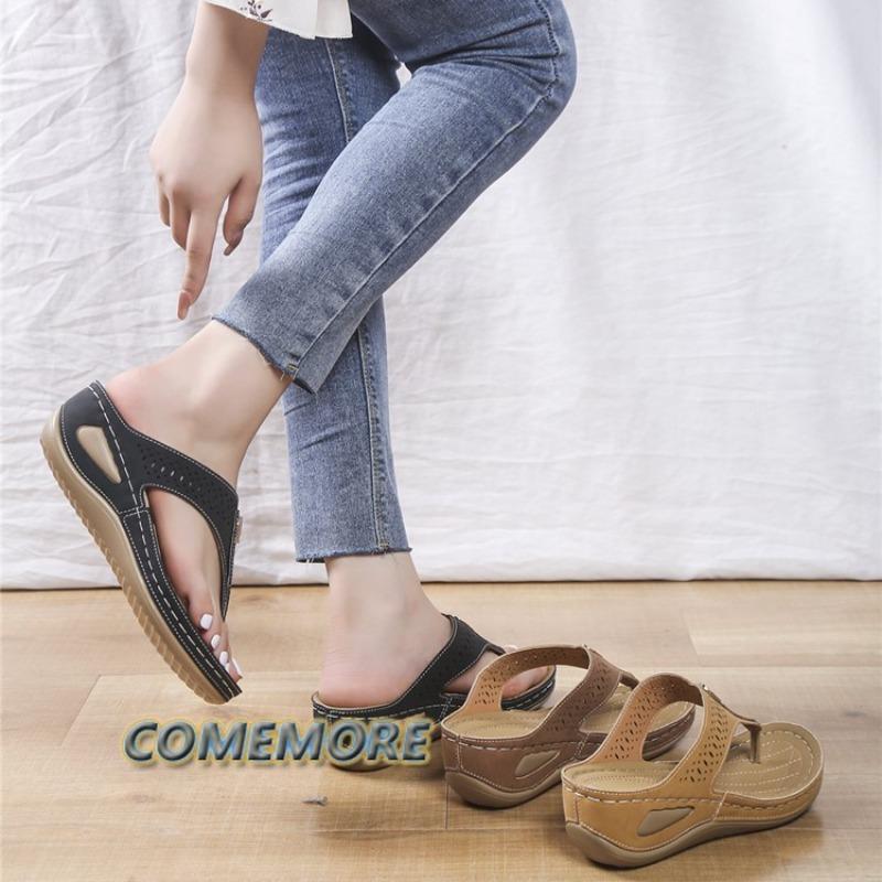 Women's Wedge Flip Flops Solid Color Slip On Summer Sandals Casual Classic Outdoor Beach Shoes Fashion Hollow Out Large Size 43