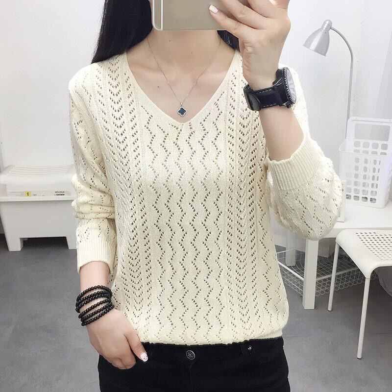 Женский пуловер с длинными рукавами, свободного кроя, с V-образным вырезом, ажурный свитер, весенне-осенняя темпераментная вязаная базовая рубашка