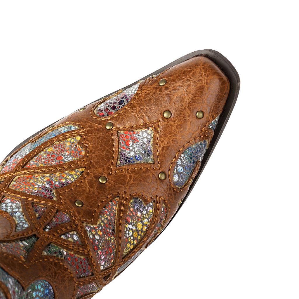 Cowboy Retro Western Boots Women's Hollow Out Mid Calf Boots Cowgirls Handmade Sewing Rivets Decor Heels Shoes