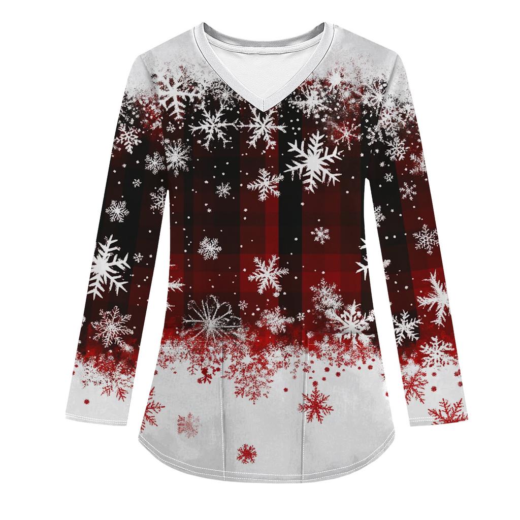 Женская модная рабочая одежда с V-образным вырезом, длинным рукавом и карманом, рождественский принт, футболка, топ
