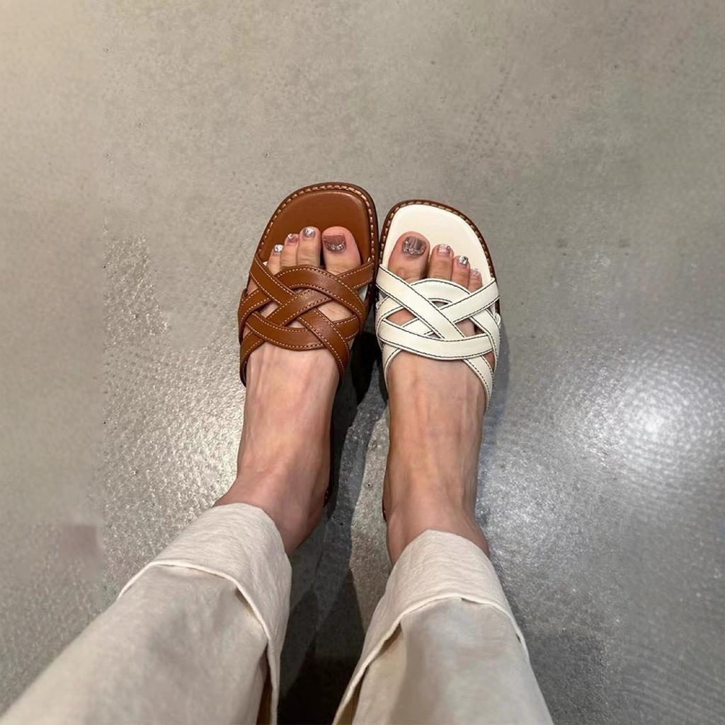 Версия с узором овечки~ кожаный узор ретро полый плетеный шлепанец на одной подошве модный повседневный универсальный верхняя одежда пляжный отдых крутые тапочки