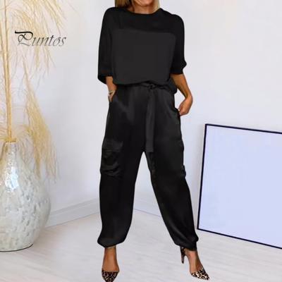 2 шт./компл., комплект женских топов, атласные рукава три четверти, круглый вырез, шнуровка на талии, сплошной цвет, мягкие дышащие повседневные карманы, свободная блузка, комплект брюк