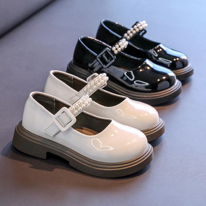 Девочки Весна и Осень Детские Британский Колледж Мягкая Подошва Ретро Жемчужно-Черные Выступление Маленькие Кожаные Туфли