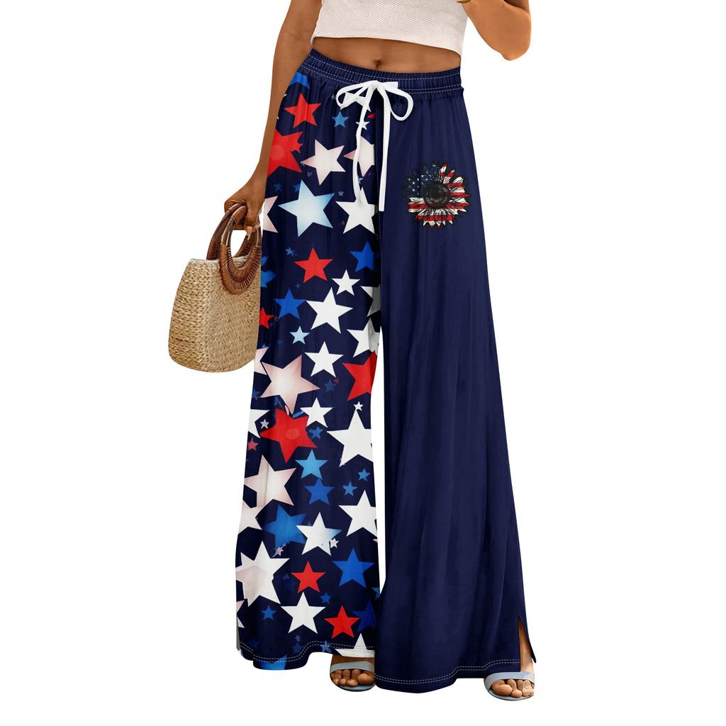 Women Summer Boho Palazzo Pants High Waist Wide Leg Independence Printing Casual Trousers With Pockets