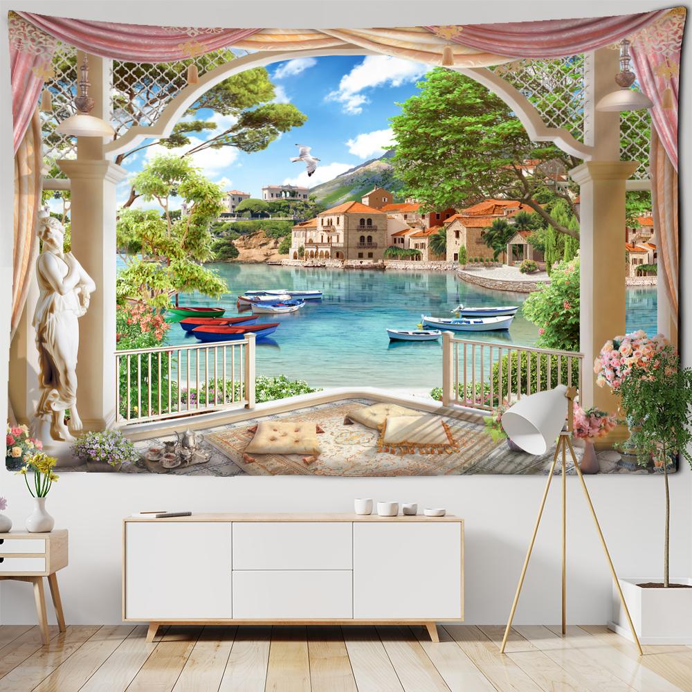 Scenery Tapestry Hanging On the Wall Outside the Window with Bohemian Style Curtains and Mandala Room Decoration Tapestry