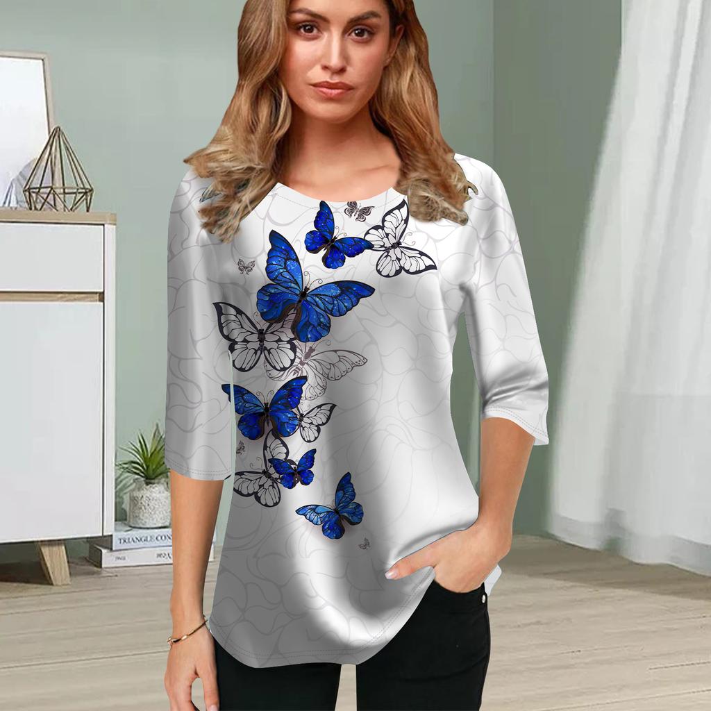 Женская блузка с 3D-принтом в виде бабочек, двухцветная, с цветочным принтом и короткими рукавами, летние повседневные топы, футболка с круглым вырезом и короткими рукавами