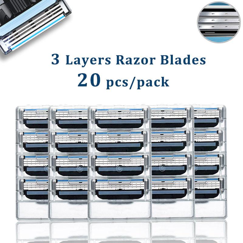 20PCS Shaving Cassettes For 3 Layers Replacement Heads Stainless Steel Razor Blades