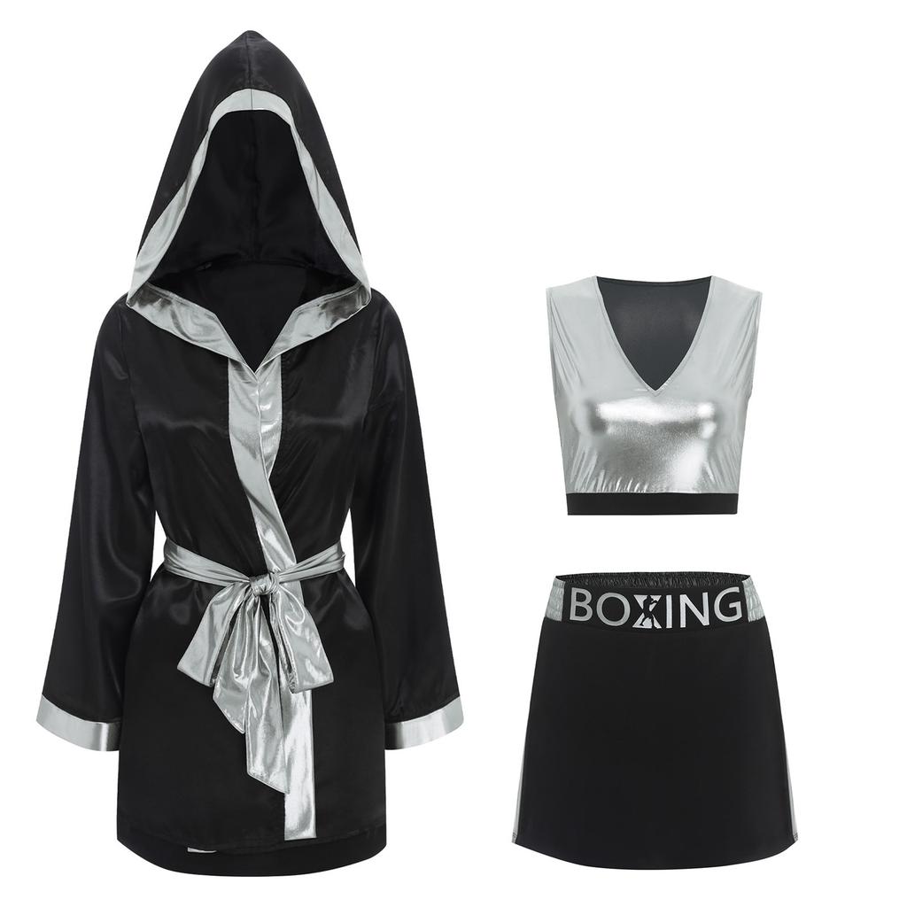 Womens Boxing Ring Outfit V Neck Tank Top Skirt Hooded Coverup Belt Halloween Cosplay Costume Set