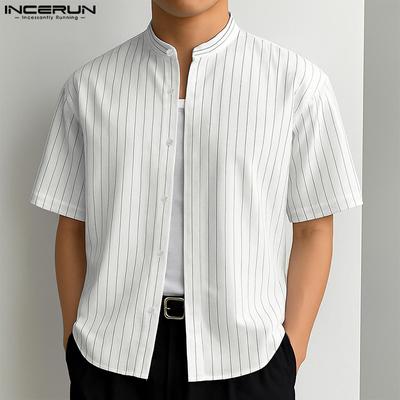 Мужская футболка хенли с коротким рукавом, полосатая, свободная, повседневная