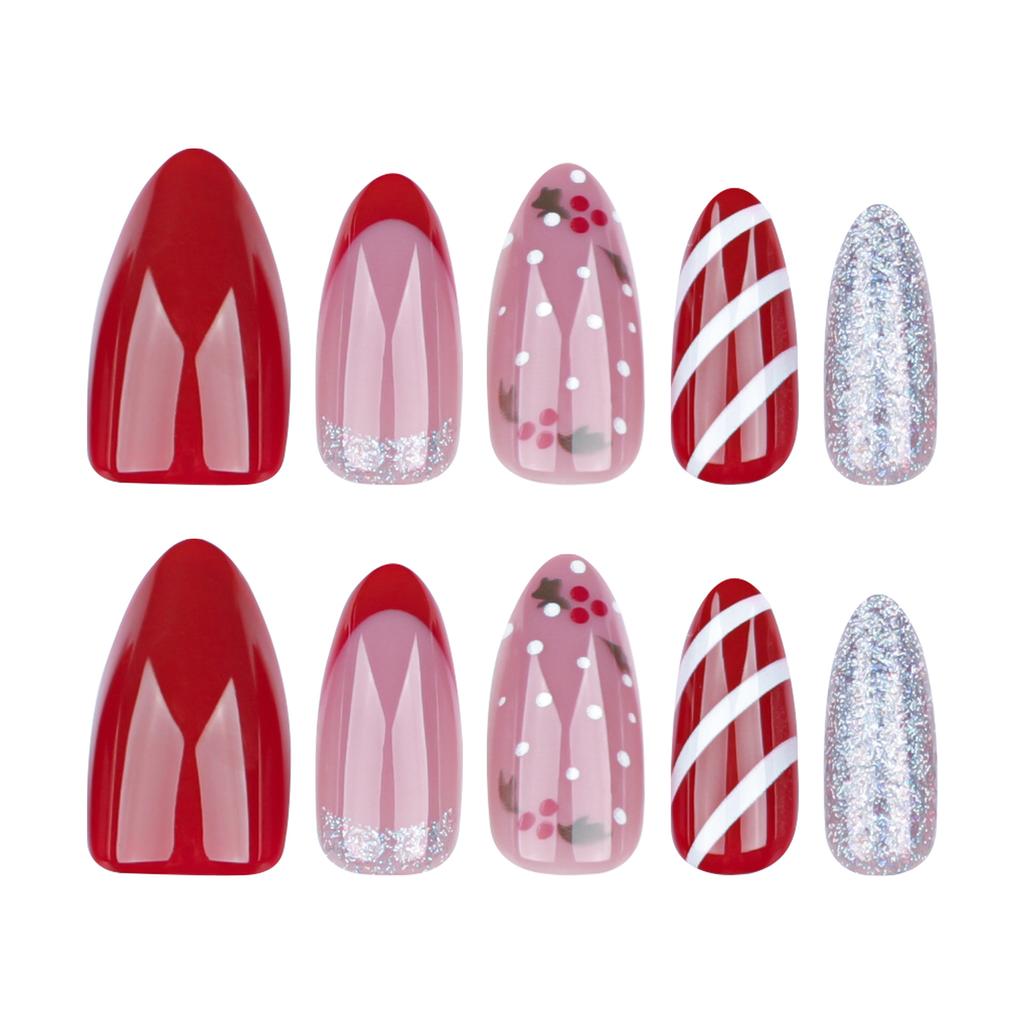 24 Pieces French Red Candy Striped Nail Art Christmas Silver Glitter Wear Nail Short Almond Fake Nail Pieces