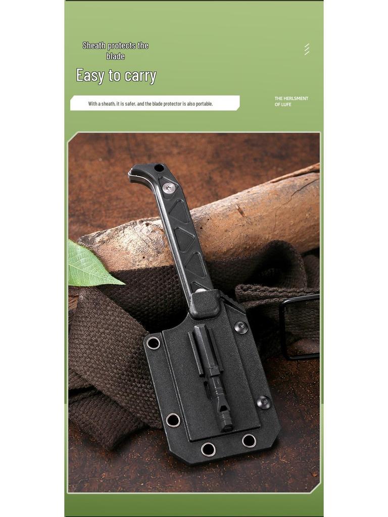 Multi-functional Outdoor EDC with Bottle Opener, Whistle, Chain, Shovel, Knife, Ice Hammer, and Straight Knife.