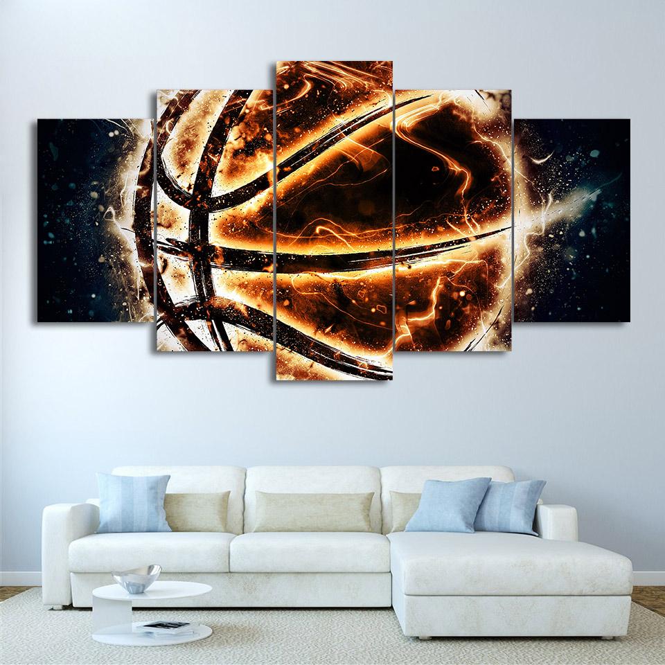 Wall Art Canvas Painting Pictures 5 Panel Fire Basketball HD Printed Modern Modular Posters Home Living Room Decor