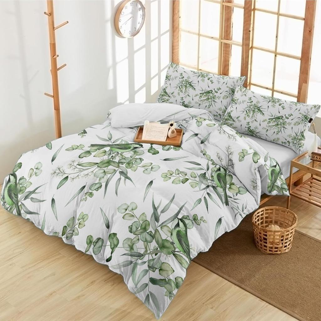Sage Green Botanical Comforter Cover Eucalyptus Leaves Duvet Cover Spring Watercolor Plants Bedding Set Rustic Farmhouse Bed Set