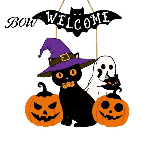 Halloween Gift for Friends Wooden Welcome Door Sign, Pumpkin Ghost Bat Hanging Decor Yard, Home Party Entrance Rustic Wood Art Sign
