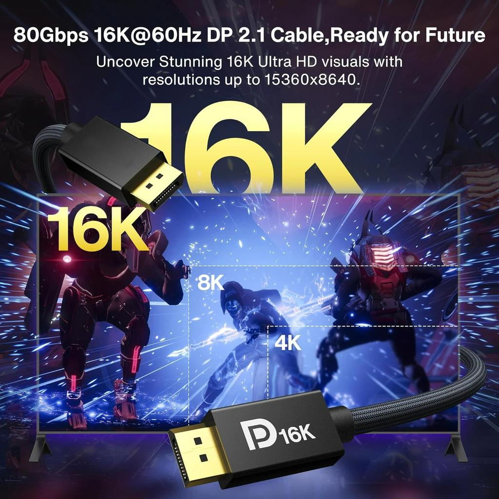 Кабель Displayport 2.1 80 Гбит/с, шнур DP 16K [16K@60Hz, 8K@120Hz, 4K@240Hz], кабель Display Port 2.1 с поддержкой HDR10, HDCP, DSC 1.2a, для ПК/ТВ/Игрового монитора
