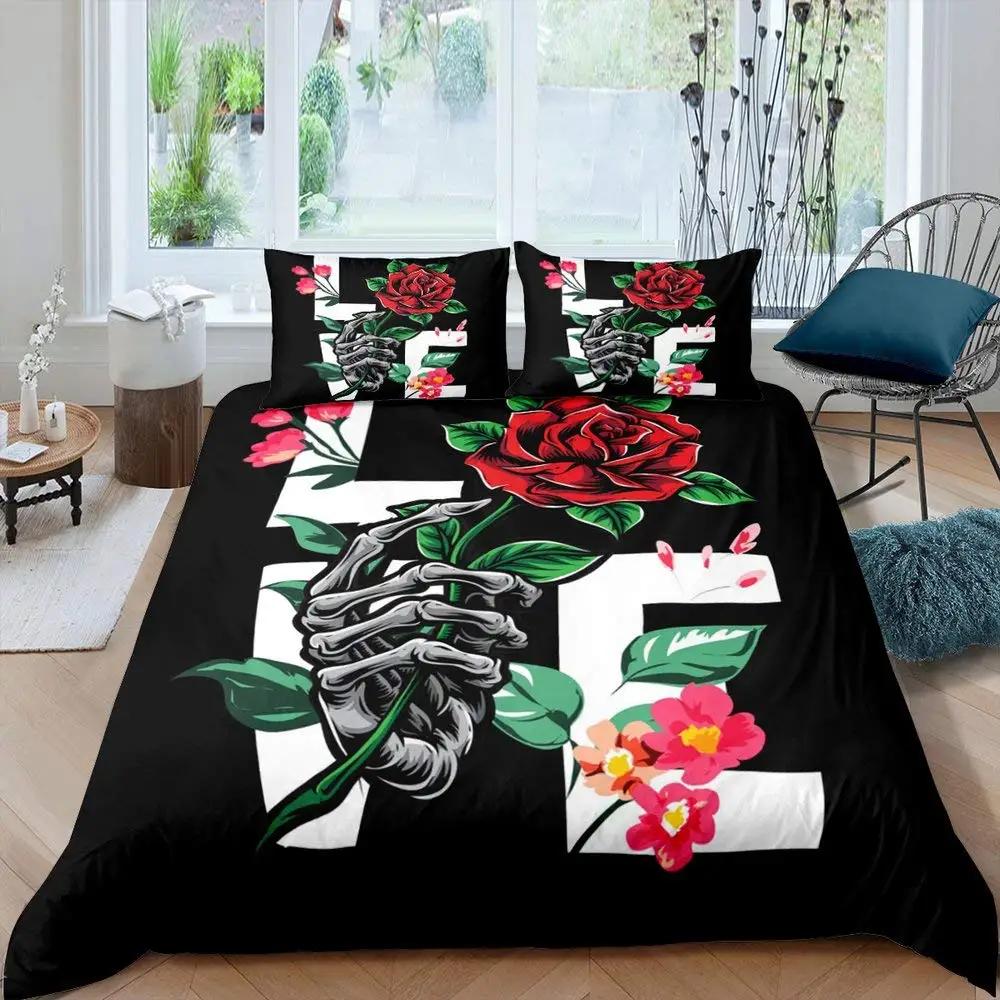 Комплект постельного белья с изображением скелета и готического сахарного черепа, пододеяльник с изображением роз, романтических цветов, пододеяльник из полиэстера