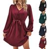 Women's Spring Fashion Pleated Solid Color Long Sleeve Slim V-Neck Waist Pleated Dress