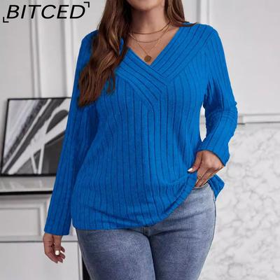 Осенне-зимняя однотонная футболка больших размеров с V-образным вырезом и длинными рукавами в полоску