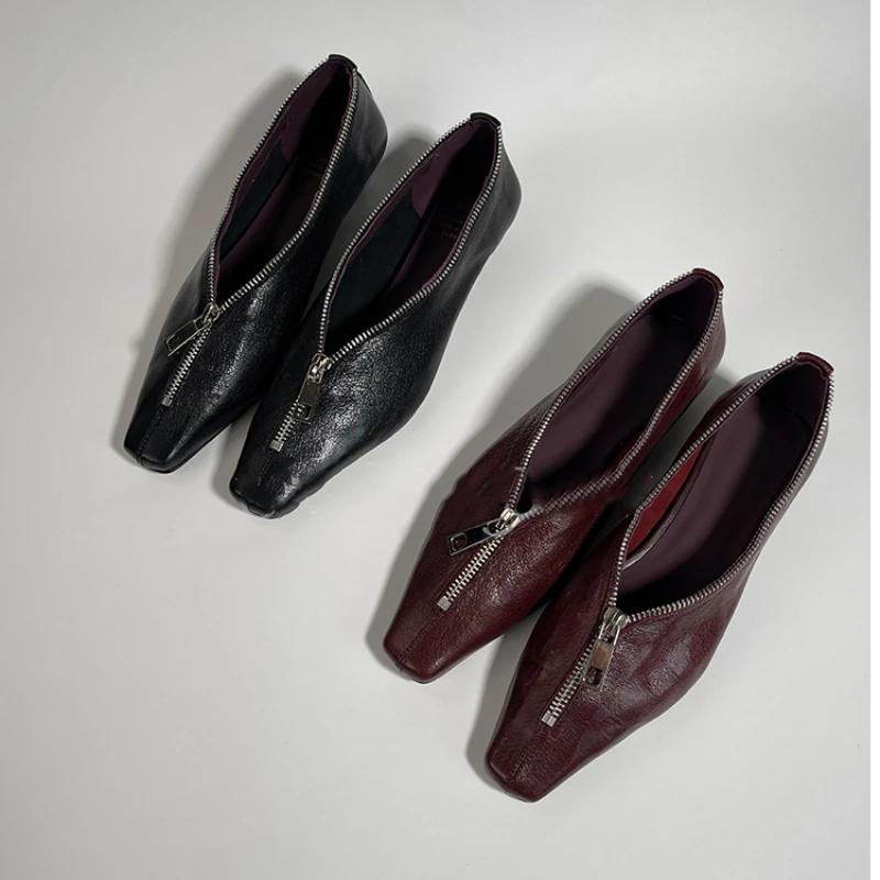 Модные туфли на высоком каблуке для женщин, новые высококачественные туфли из кожи с квадратным носком и молнией на низком каблуке, повседневная трендовая женская обувь