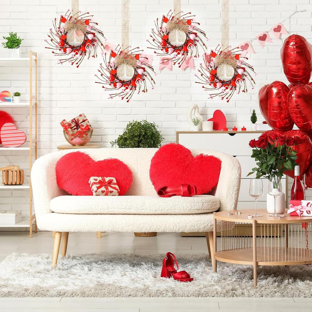 4 Pcs Valentines Day Wreaths Kitchen Cabinet Wreaths Farmhouse Artificial Red Pink Heart Berries Mini Valentine's Day Windows Wreaths for Front Door