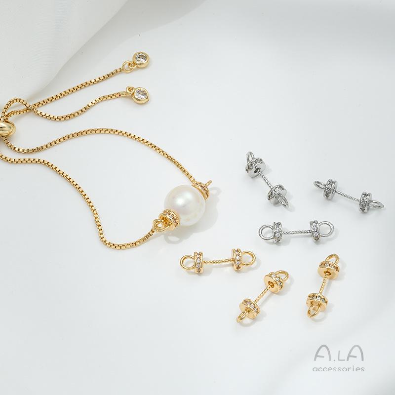14K Gold-Inlaid Zircon Bracelet & Necklace Connector with Copper Plating and Half-Hole Eyepin for DIY Pearl Cap Accessories
