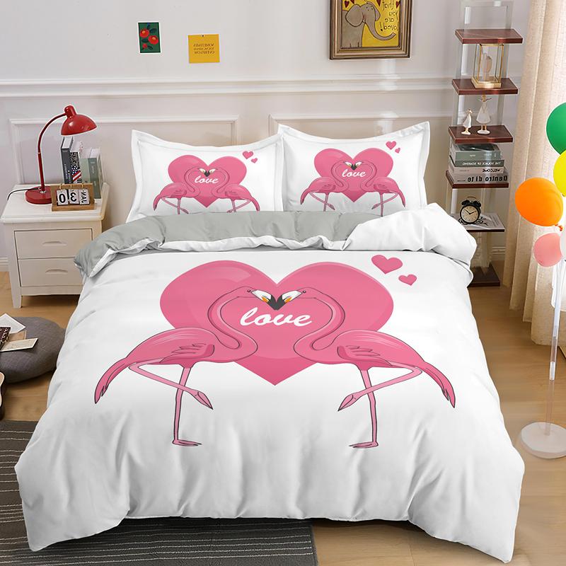Animal Flamingo King Queen Duvet Cover Cartoon Pink Tropical Bird Bedding Set For Kids Teens Aduls Blue Soft 2/3pcs Quilt Cover