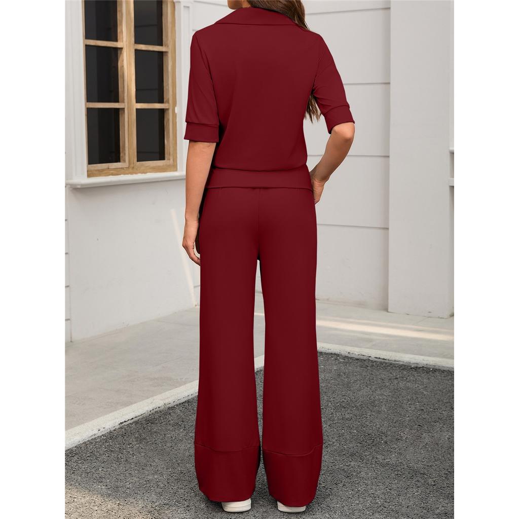  Комплект из 2 предметов. Женские повседневные брюки с короткими рукавами и лацканами, эластичные, широкие.