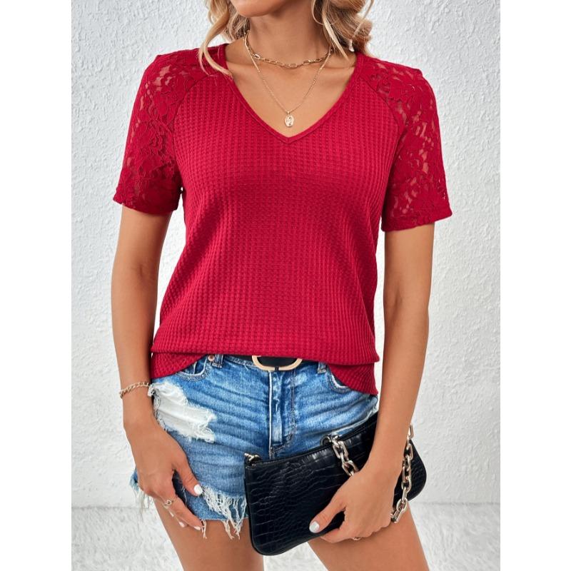 Summer Short Sleeve Hollow Lace V-neck Women Blouse Loose Casual T-shirt Short Sleeved Office Top Loose Fashion Elegant Solid Color Shirt Clothing