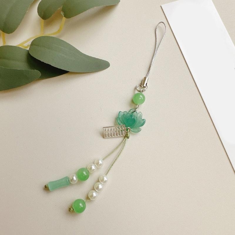 Подвеска-брелок в виде цветка лотоса для телефона в старинном стиле с акриловыми бусинами, шнурок для мобильного телефона из бисера ручной работы