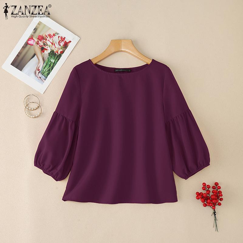 ZANZEA Женская летняя блузка с круглым вырезом, свободного кроя, с рукавом 3/4, однотонная