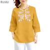 Women Floral Embroidery Loose Casual 3/4 Sleeve Blouse