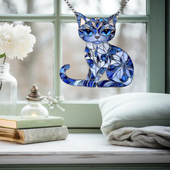 Cat Acrylic Sun Catcher Window Hanging Ornament Blue Cat Sun Catcher with Chain Wall Art Decor Gift for Friends And Family