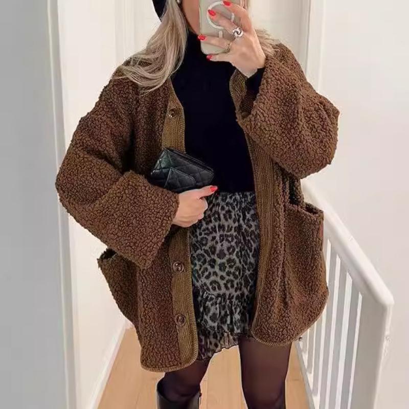 Женские теплые зимние пальто Повседневные с длинным рукавом на пуговицах Пушистые куртки из флиса Шерпа Верхняя одежда