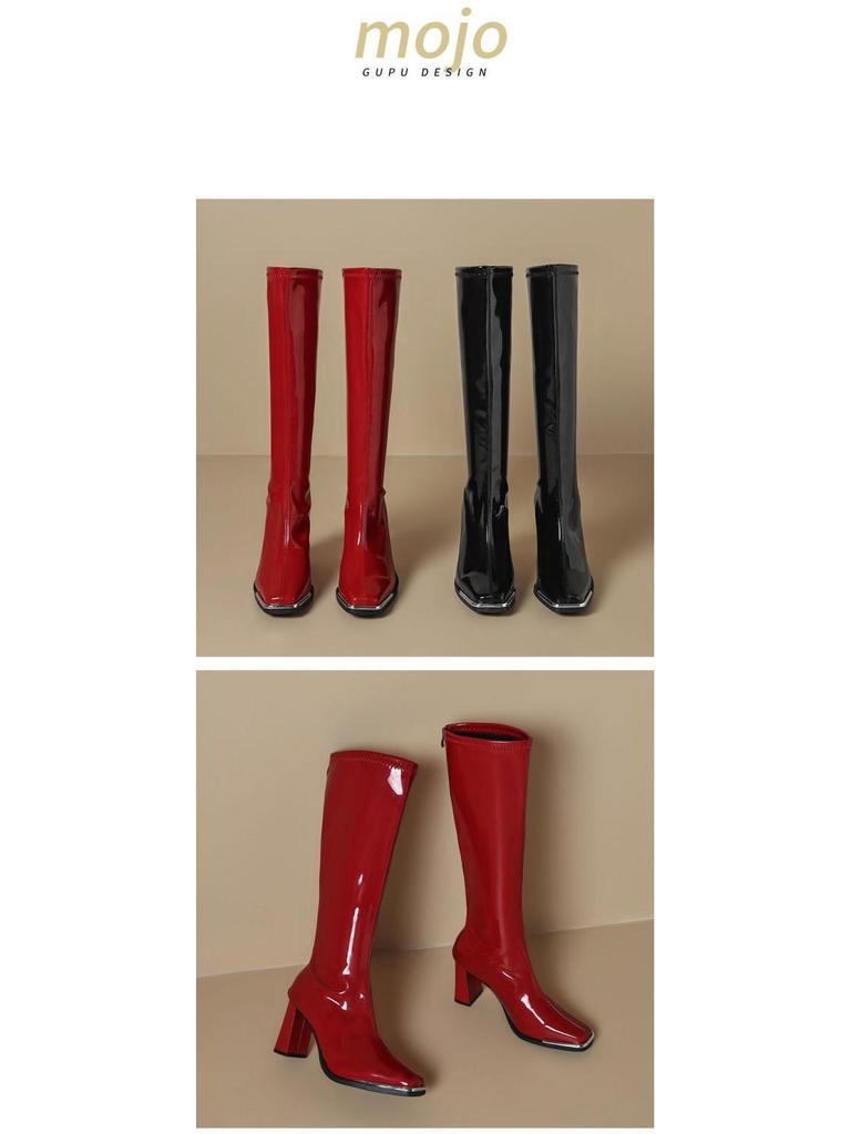 Women's Red Patent Leather Chunky Heel Boots - Autumn/Winter 2025 Collection, Metal Anti-Collision Square Toe, Elastic, Sexy Long Design.