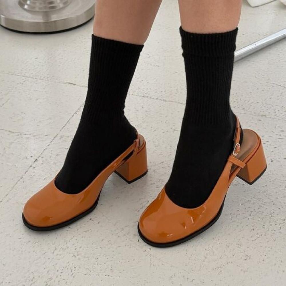 Melting Brown Women Casual Glossy Round Slingback Pumps Heel 3 Colors