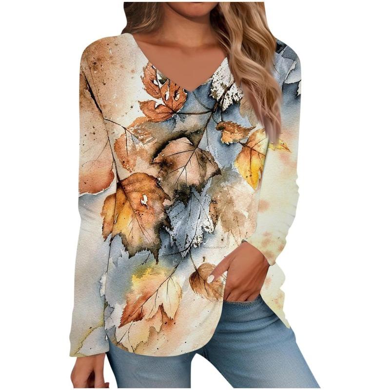 Womens Long Sleeve Tops V Neck Shirts Casual 3D Flower Print Basic Trendy Tee Blouses Fall Tunic Outfits Fitted T Shirts