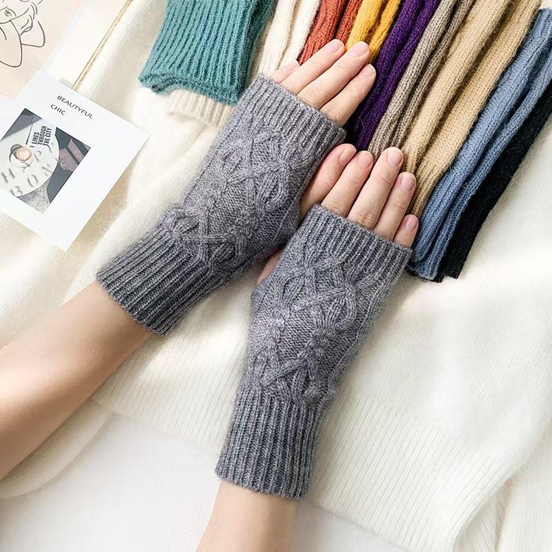 Autumn Winter Knitted Fried Dough Twists Warm Gloves for Women Solid Color Soft Skin Thickened Half Finger Gloves Wrist Washable