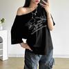 Y2k Aesthetic Casual Off Shoulder T-shirt Loose Letter Printing Harajuku Tshirts Grunge Vintage Streetwear Oversized Tee Shirts