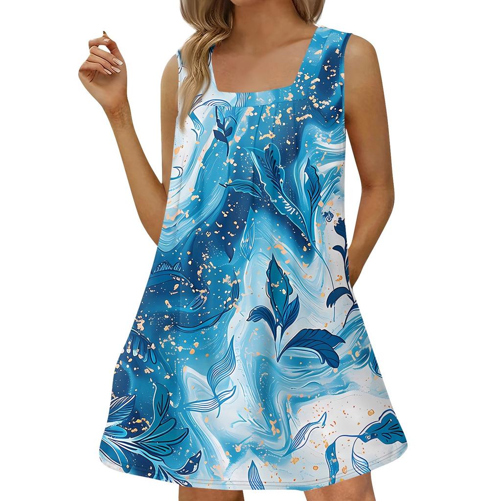 Женское модное повседневное платье без рукавов с квадратным вырезом, плиссированное платье-майка, пляжные платья с принтом