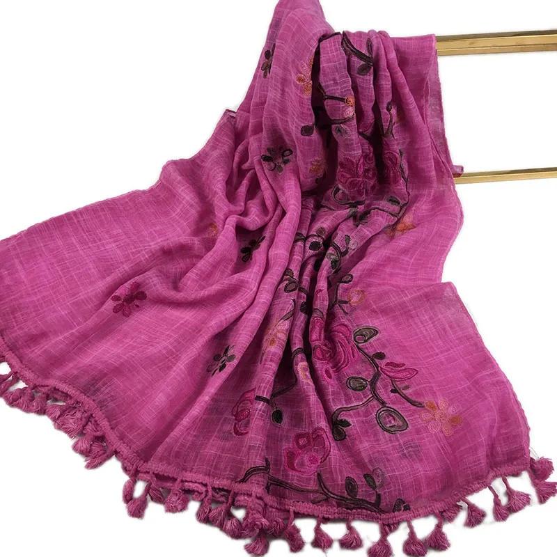 Embroidered Tassel Cotton Hijab for Muslim Women Scarf Floral Shawl Tassel Scarves Woman Large Hijabs Tie-dye Vintage Headscarf