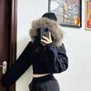 Womens Fleece Hoodie With Faux Fur Collar Zip Detail Slim Fit Long Sleeve Solid Color