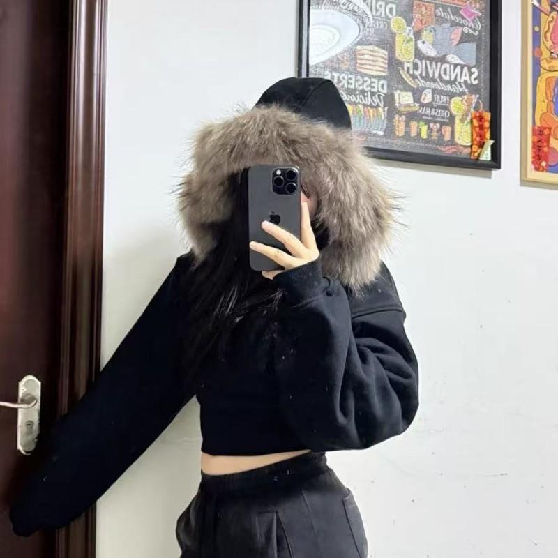Womens Fleece Hoodie With Faux Fur Collar Zip Detail Slim Fit Long Sleeve Solid Color